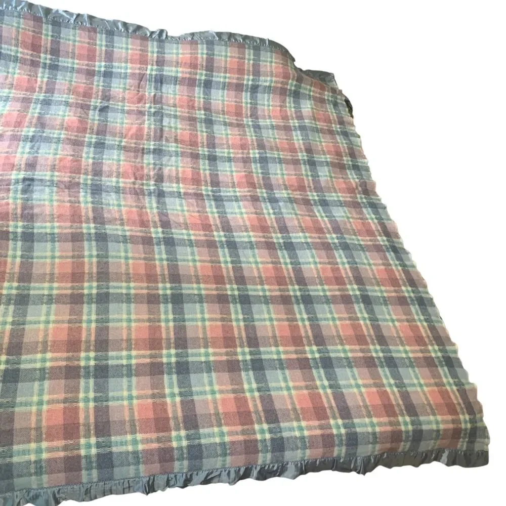 Vintage Faribo Plaid Blue Pink Pastel Wool Blend Blanket USA Satin Edge 80x74.5